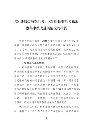 XX县信访局党组关于XX届县委第X轮巡察集中整改进展情况的报告