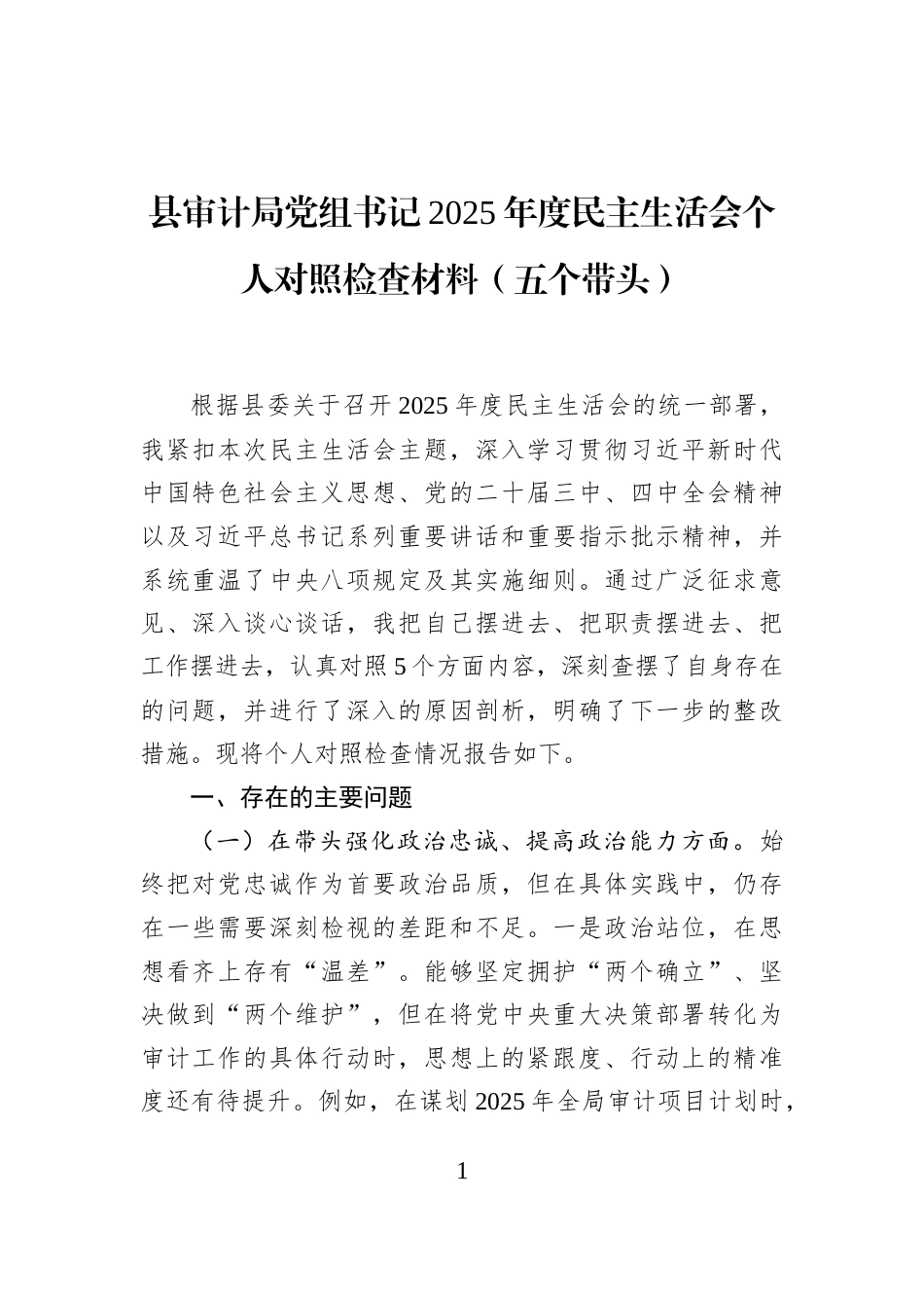 县审计局党组书记2025年度民主生活会个人对照检查材料（五个带头）_第1页