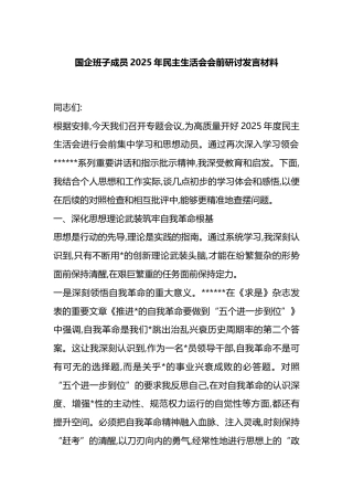 国企班子成员2025年民主生活会会前研讨发言材料