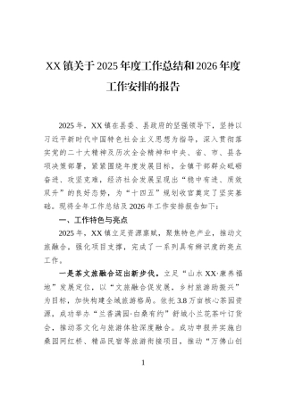 XX镇关于2025年度工作总结和2026年度工作安排的报告