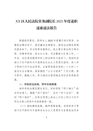 XX区人民法院常务副院长2025年度述职述廉述法报告