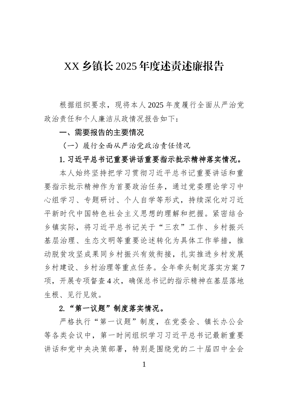 XX乡镇长2025年度述责述廉报告_第1页