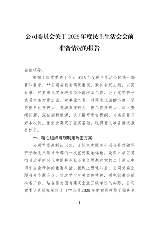 公司委员会关于2025年度民主生活会会前准备情况的报告