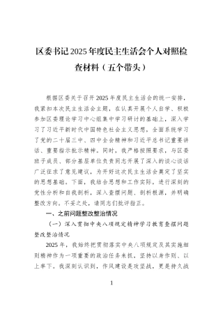 区委书记2025年度民主生活会个人对照检查材料(五个带头)