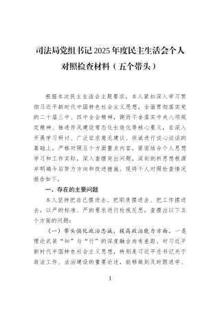司法局党组书记2025年度民主生活会个人对照检查材料（五个带头）