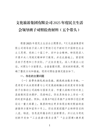 文化旅游集团有限公司2025年度民主生活会领导班子对照检查材料(五个带头)