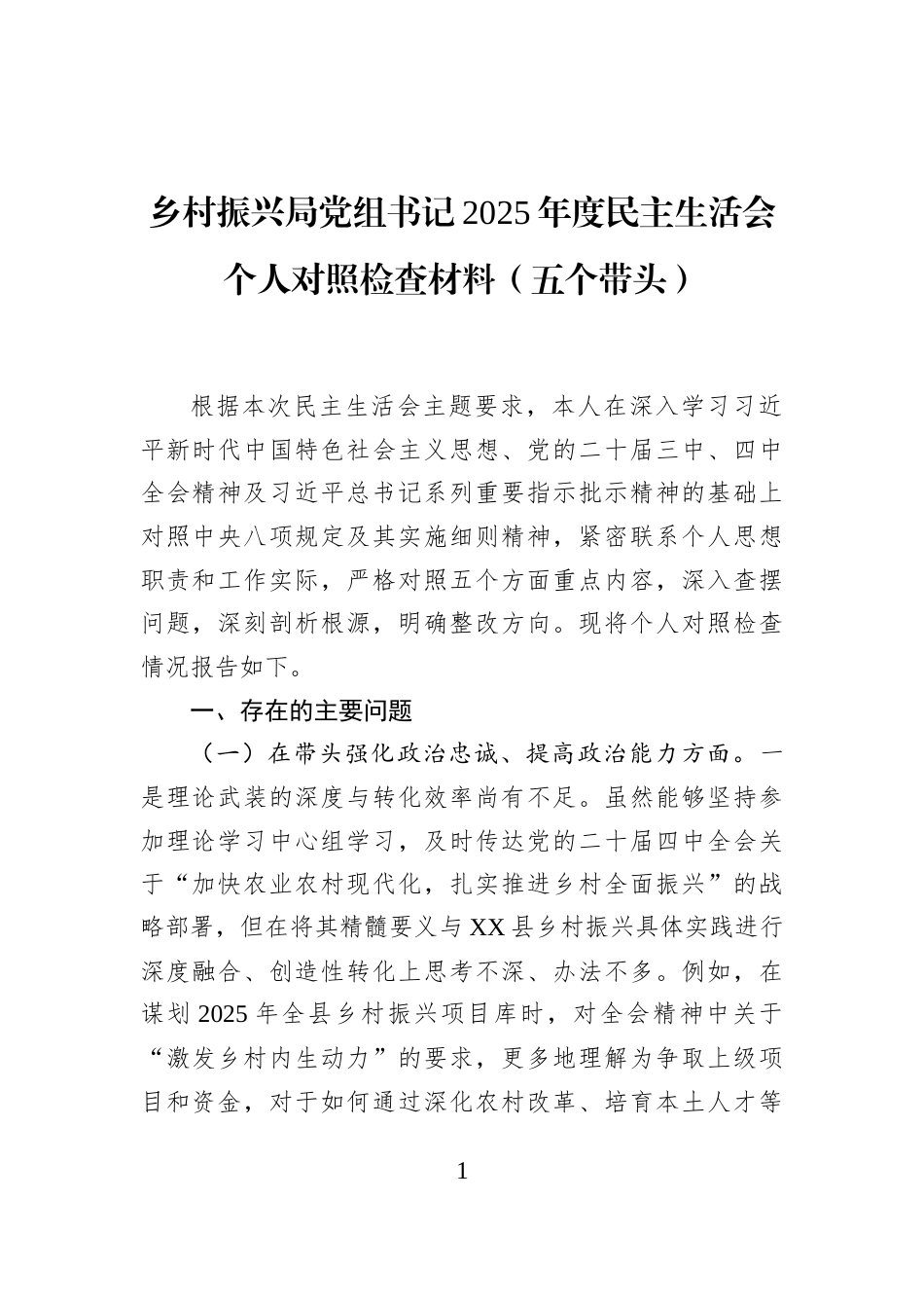 乡村振兴局党组书记2025年度民主生活会个人对照检查材料（五个带头）_第1页