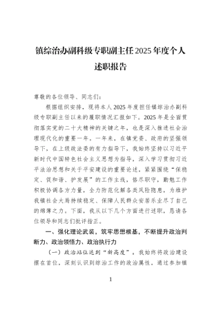 镇综治办副科级专职副主任2025年度个人述职报告