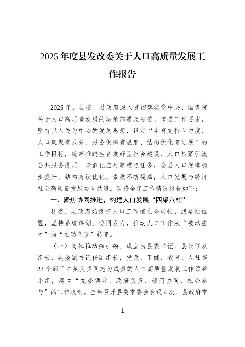 2025年度县发改委关于人口高质量发展工作报告_第1页