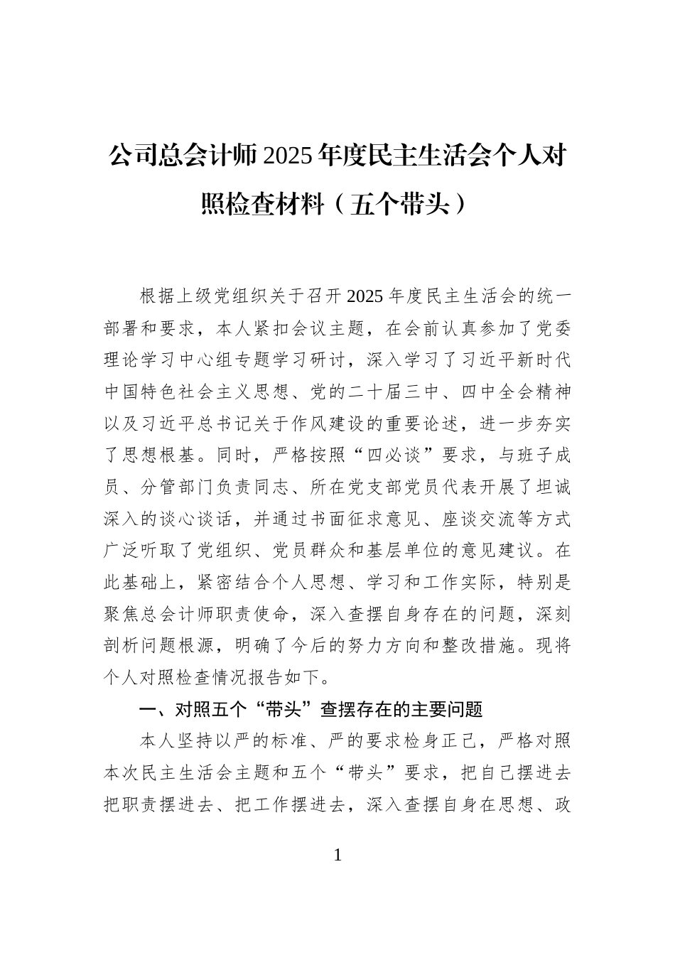 公司总会计师2025年度民主生活会个人对照检查材料（五个带头）_第1页