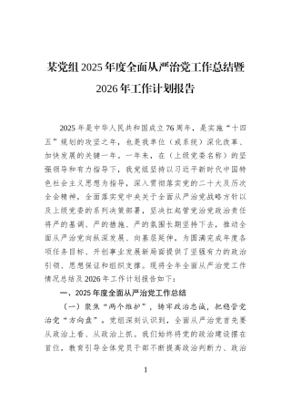 某党组2025年度全面从严治党工作总结暨2026年工作计划报告