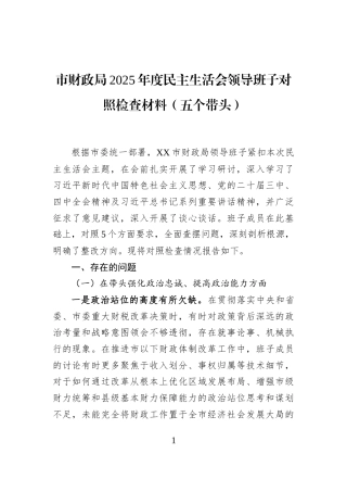 市财政局2025年度民主生活会领导班子对照检查材料（五个带头）