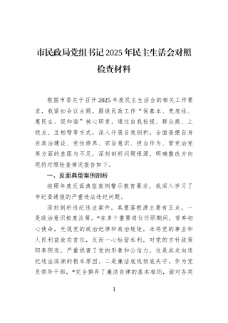 市民政局党组书记2025年民主生活会对照检查材料