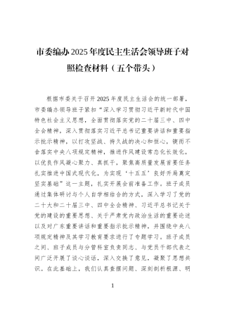 市委编办2025年度民主生活会领导班子对照检查材料（五个带头）