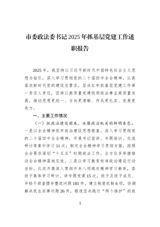 市委政法委书记2025年抓基层党建工作述职报告