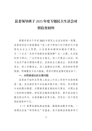 县委领导班子2025年度专题民主生活会对照检查材料