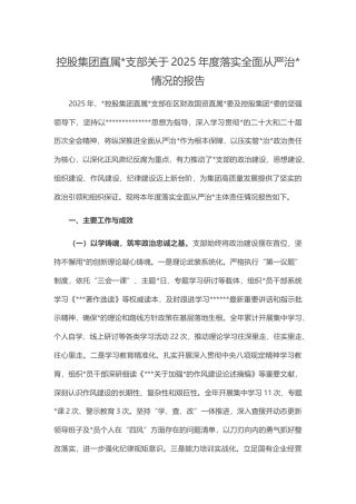 控股集团直属支部关于2025年度落实全面从严治党情况的报告