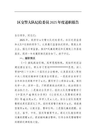 区交警大队纪检委员2025年度述职报告