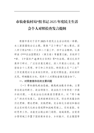 市农业农村局书记2025年度民主生活会个人对照检查发言提纲