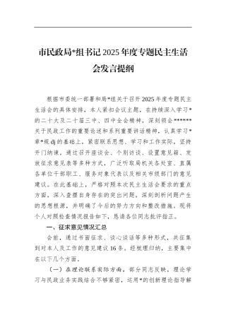 市民政局书记2025年度专题民主生活会发言提纲