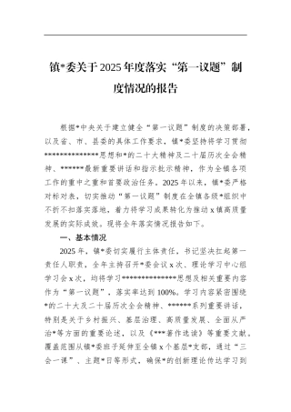 镇关于2025年度落实“第一议题”制度情况的报告