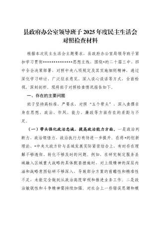 县政府办公室领导班子2025年度民主生活会对照检查材料(五个带头)