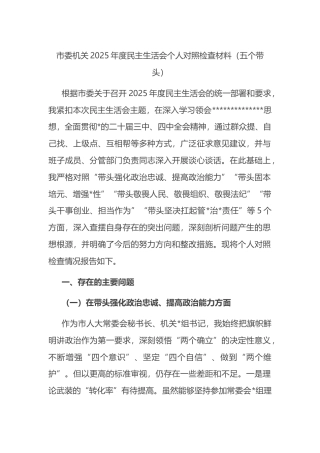 市委机关2025年度民主生活会个人对照检查材料（五个带头）