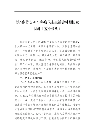 镇书记2025年度民主生活会对照检查材料（五个带头）