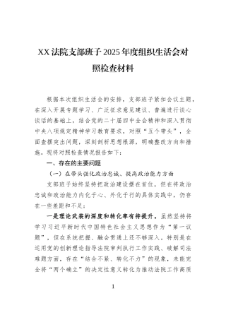 XX法院支部班子2025年度组织生活会对照检查材料