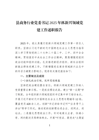 县商务行业党委书记2025年抓新兴领域党建工作述职报告