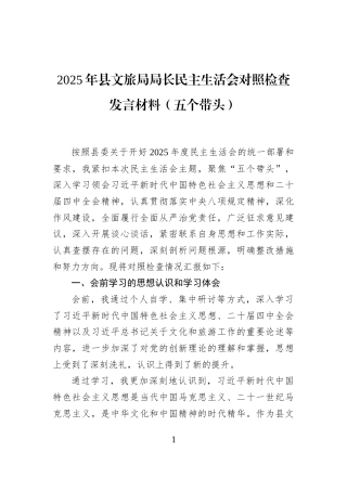 2025年县文旅局局长民主生活会对照检查发言材料（五个带头）
