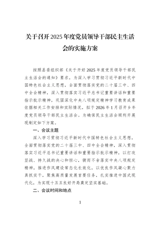 关于召开2025年度党员领导干部民主生活会的实施方案