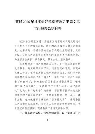 某局2026年扎实做好巡察整改后半篇文章工作报告总结材料