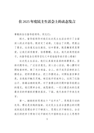 在2025年度民主生活会上的表态发言