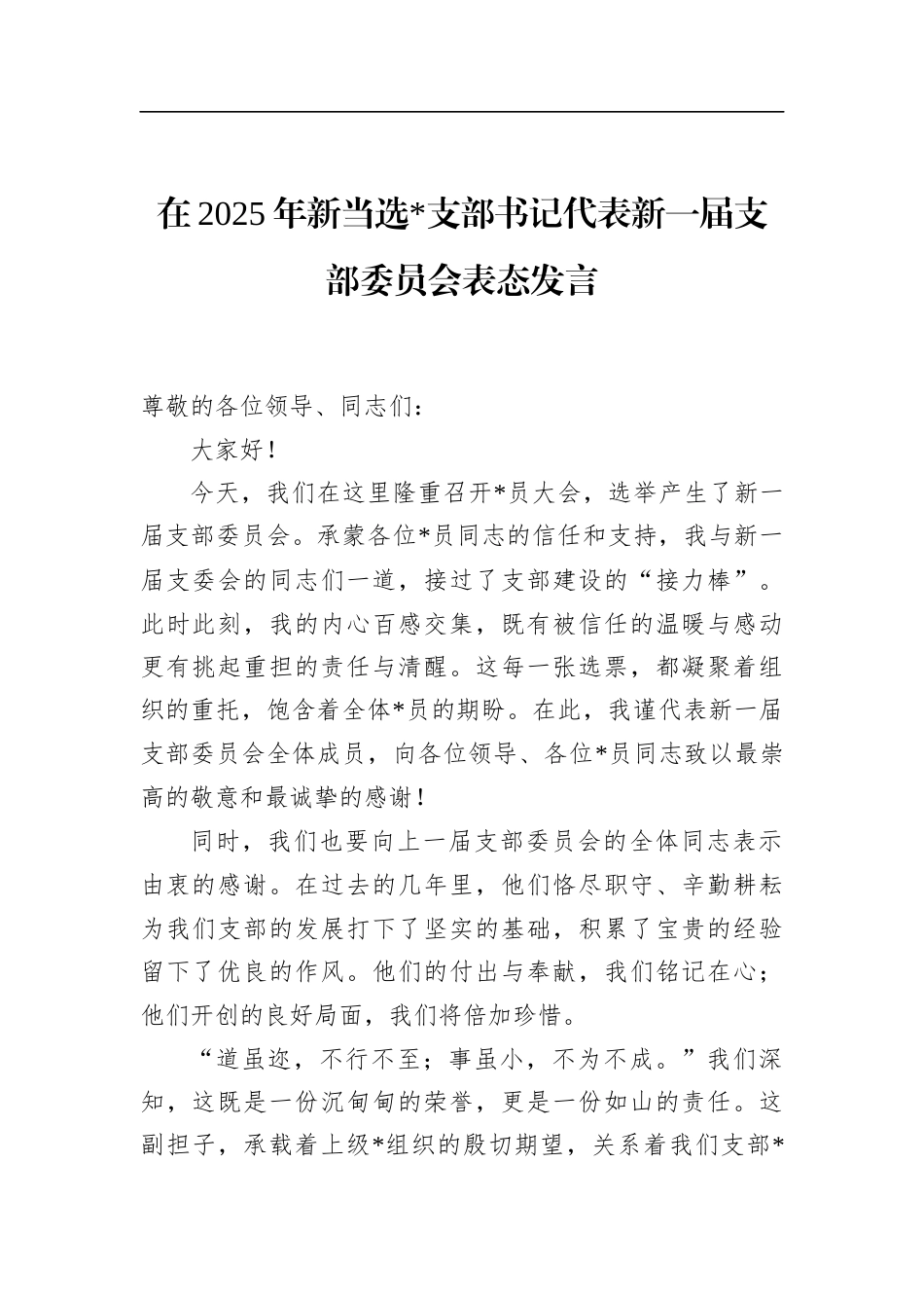 在2025年新当选支部书记代表新一届支部委员会表态发言_第1页