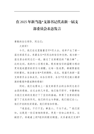在2025年新当选支部书记代表新一届支部委员会表态发言