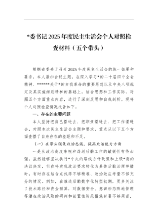 书记2025年度民主生活会个人对照检查材料（五个带头）