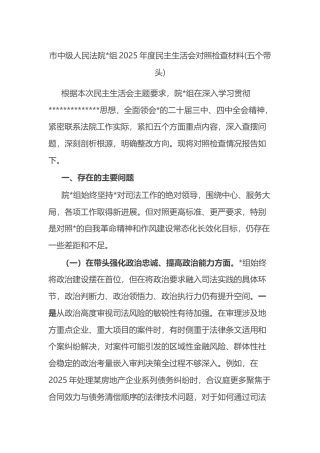 市中级人民法院2025年度民主生活会对照检查材料(五个带头)