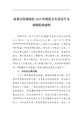 市委宣传部部长2025年度民主生活会个人对照检查材料