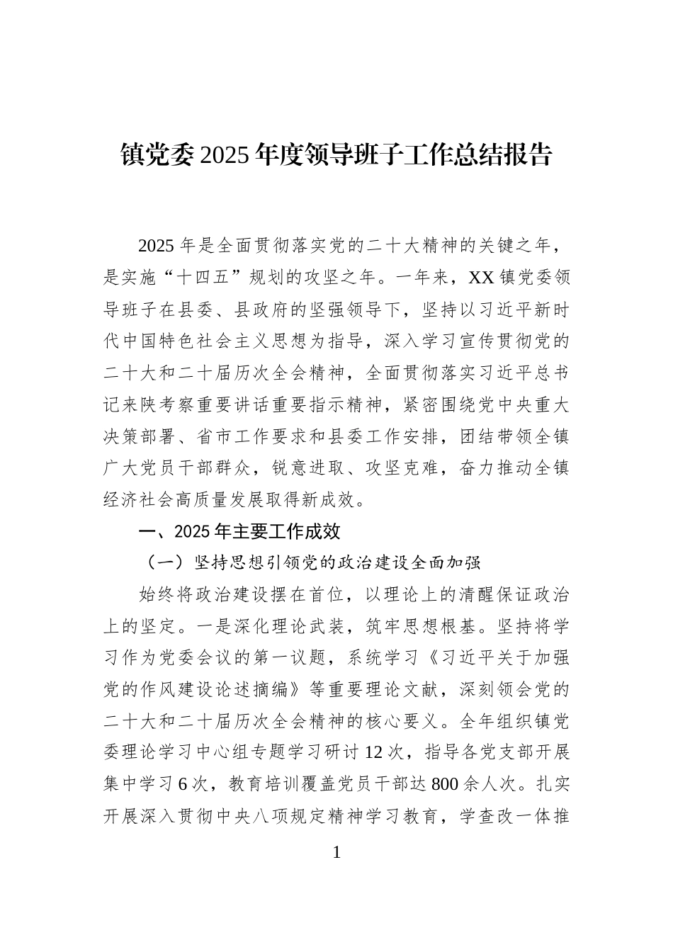 镇党委2025年度领导班子工作总结报告_第1页