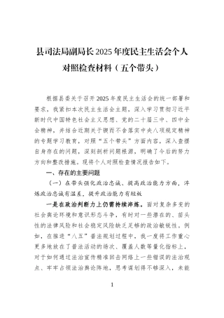 县司法局副局长2025年度民主生活会个人对照检查材料（五个带头）