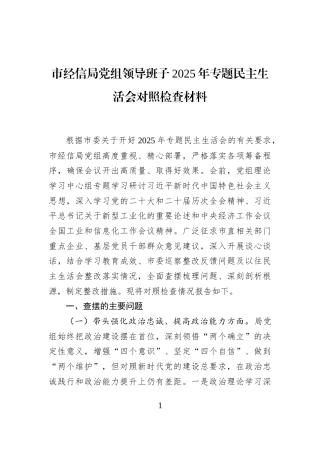 市经信局党组领导班子2025年专题民主生活会对照检查材料