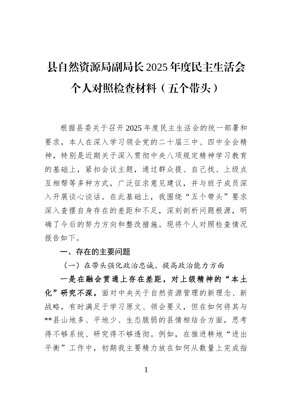 县自然资源局副局长2025年度民主生活会个人对照检查材料（五个带头）_第1页
