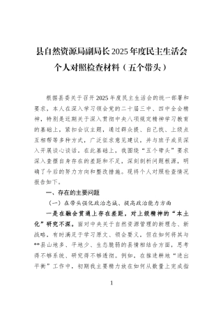 县自然资源局副局长2025年度民主生活会个人对照检查材料（五个带头）