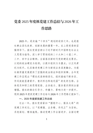 党委2025年度抓党建工作总结与2026年工作思路