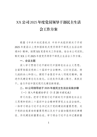 XX公司2025年度党员领导干部民主生活会工作方案