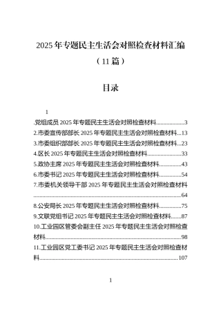 2025年专题民主生活会对照检查材料汇编（11篇）