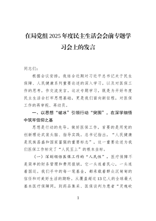 在局党组2025年度民主生活会会前专题学习会上的发言