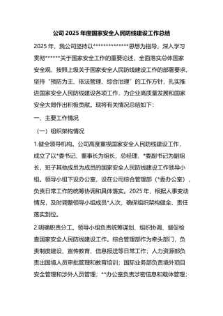 公司2025年度国家安全人民防线建设工作总结