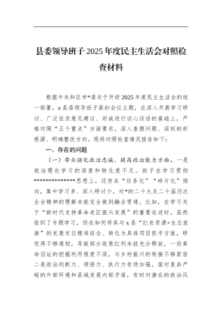县委领导班子2025年度民主生活会对照检查材料